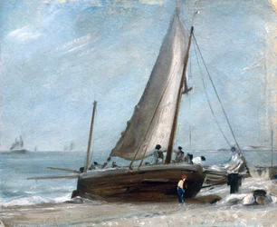 Brighton Beach mit Fischerbooten und Besatzung